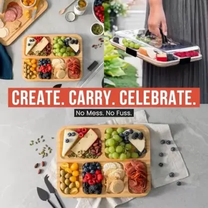 TrayLuxe™ bambusov pladenj za prigrizke s 6 predelki in pokrovom