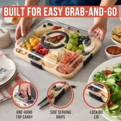 TrayLuxe™ bambusov pladenj za prigrizke s 6 predelki in pokrovom