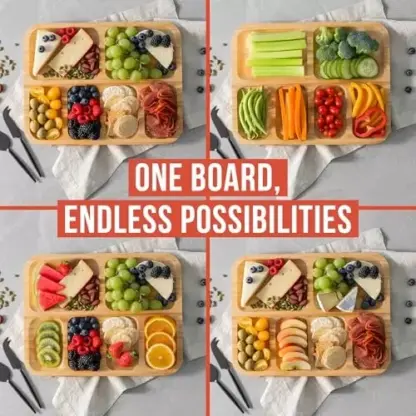 TrayLuxe™ bambusov pladenj za prigrizke s 6 predelki in pokrovom